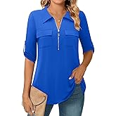 Bulotus Women's 3/4 Sleeve Collared Blouses Business Casual Tops Zip Front V Neck Work Shirts Loose Fit Tunic Tops