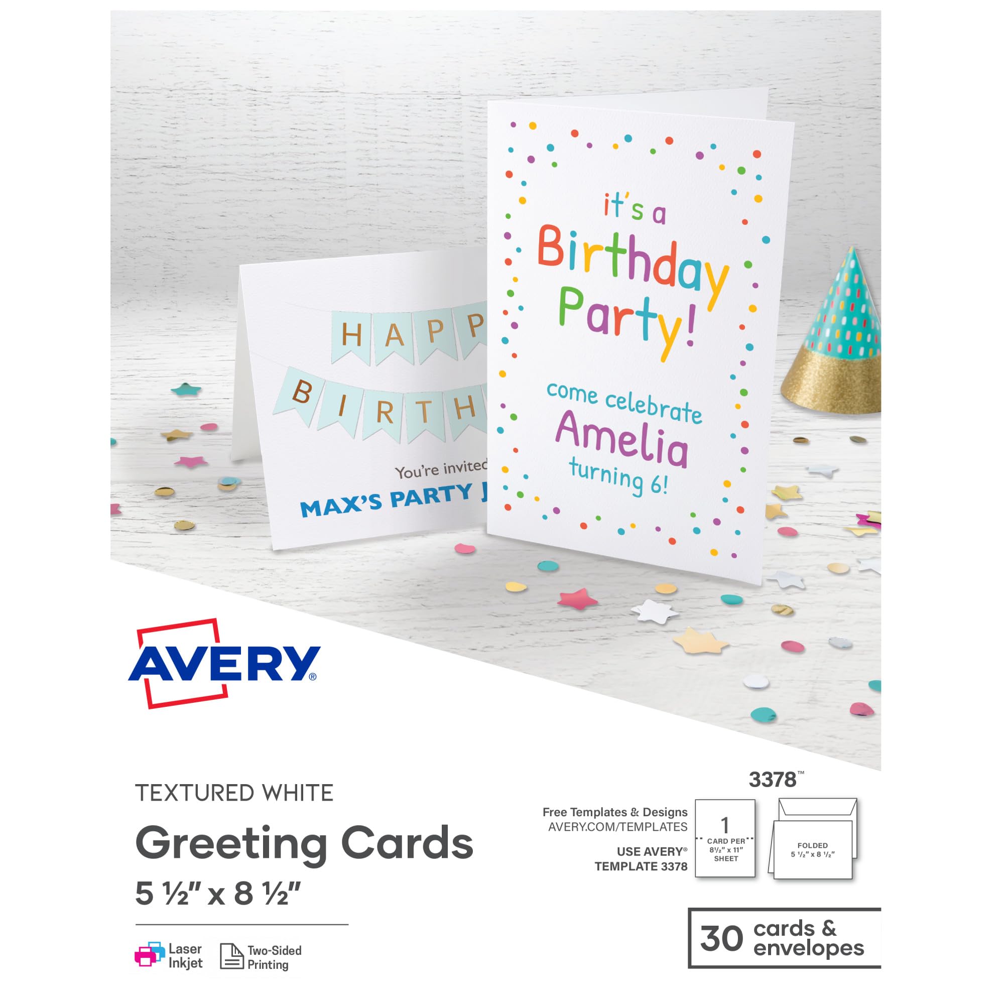 Avery Printable Greeting Cards, Half-Fold, 5.5" x 8.5", Textured White, 30 Blank Cards with Envelopes (3378)