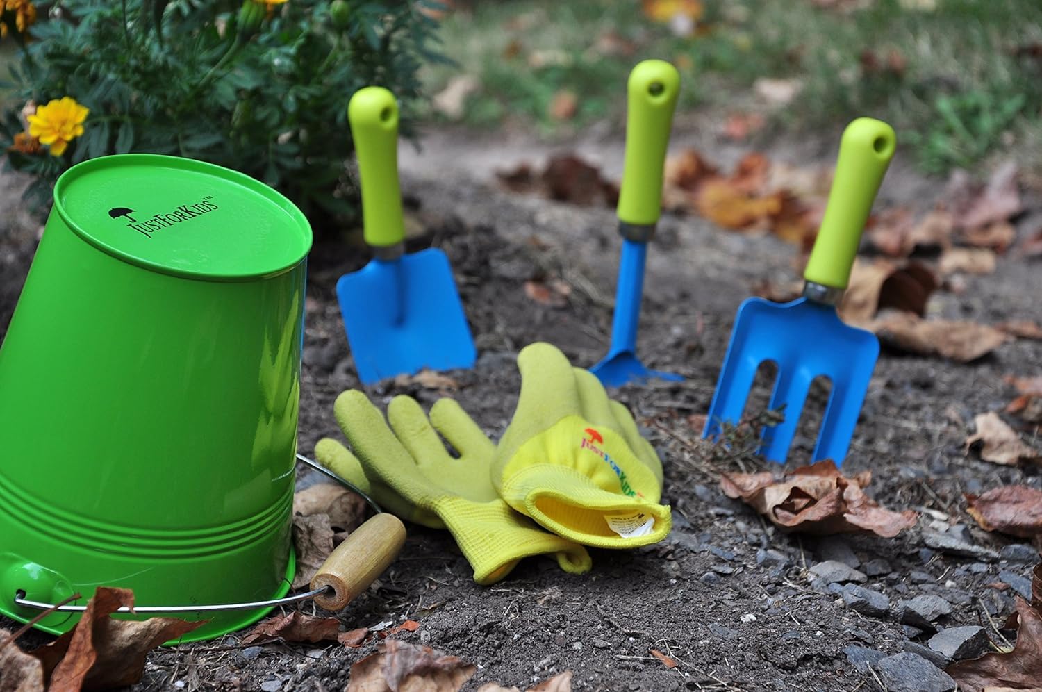 G & F Products JustForKids Garden Tool Set - Green Metal Pail with Real Mini Shovel, Rake & Cultivator, Wooden Handles, Perfect for Outdoor Play, Gardening Fun, and Educational Activities for Kids