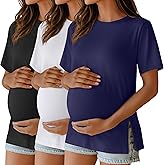 Ficerd 3 Pack Women's Maternity T Shirts, Short Sleeve Side Split Pregnancy Tops Casual Crew Neck Pregnant Tees Mama Clothes