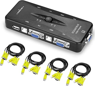 Nicfaky USB 2.0 KVM VGA Switch 4 Port One-Button Swap 4 VGA Cables Included