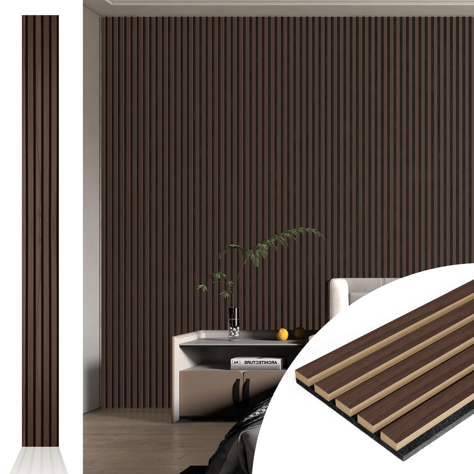 Art3d 4pcs-107 x 8in Slat Acoustic Panel for Wall and Ceiling, 3D Fluted Sound Absorbing Panel with Wood Finish, Dark Walnut Image