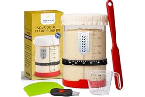 THINK AM Sourdough Starter Kit, 34 Oz Sourdough Jar with Measuring Cup, Thermometer, Spatula, Dough Scraper, Bread Lame, Silicone Base & Cloth Cover, Feeding Band, Bread Baking Supplies for Bakers (34 Oz)