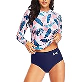 Daci Women 2 Piece Rash Guard Long Sleeve Zipper Bathing Suit with Bottom Built in Bra Swimsuit UPF 50