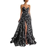 UZN Women's Sparkle Starry Tulle Prom Dresses Strapless Long Formal Evening Party Gowns with Slit