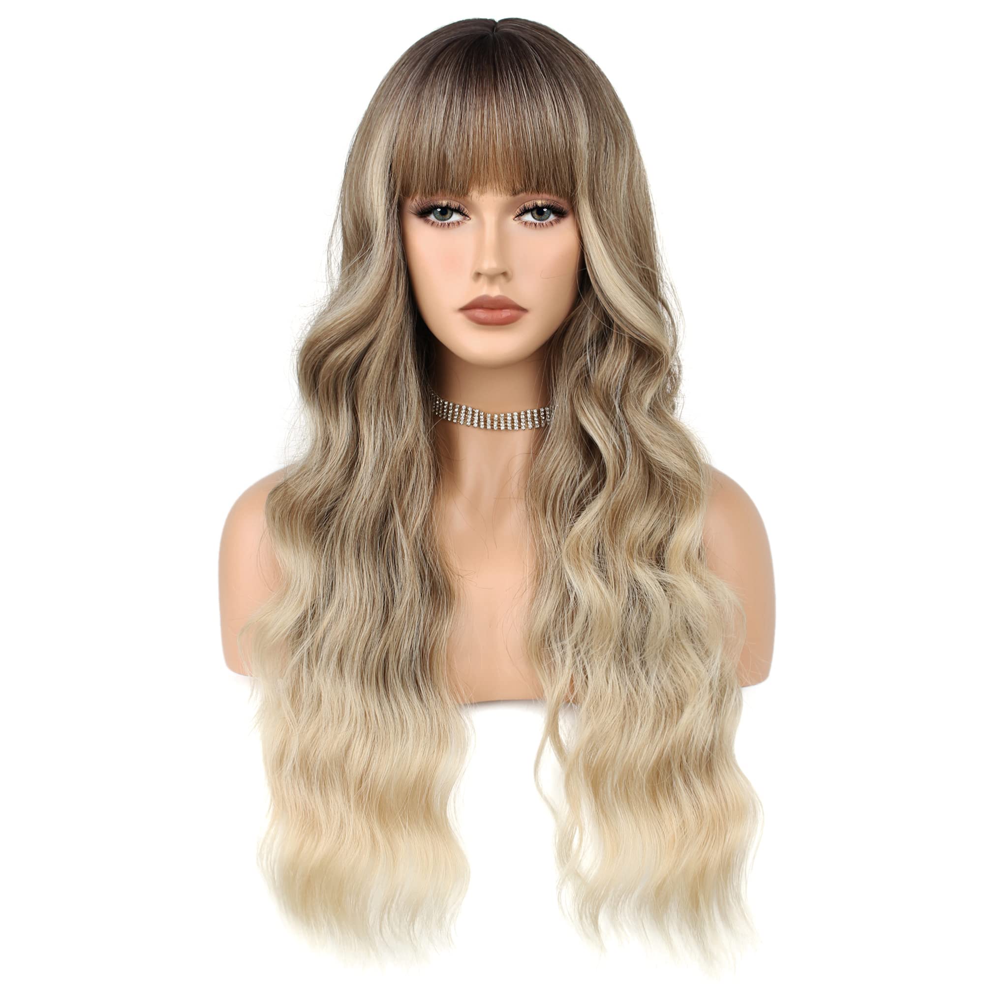 FAELBATY Long Curly Wig, Blonde to Dark Brown Ombre, 25" Synthetic, Heat Resistant, Full Coverage, Standard Hairline, Medium to Full Density