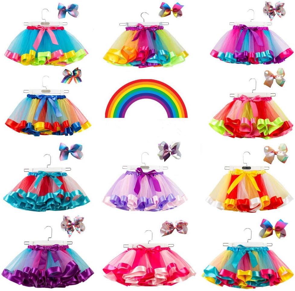 Girls Toddlers Ballet Tulle Skirt Rainbow Layered Tutu Skirt Dance Performance Skirt with Colorful Hair Bows Birthday Outfits