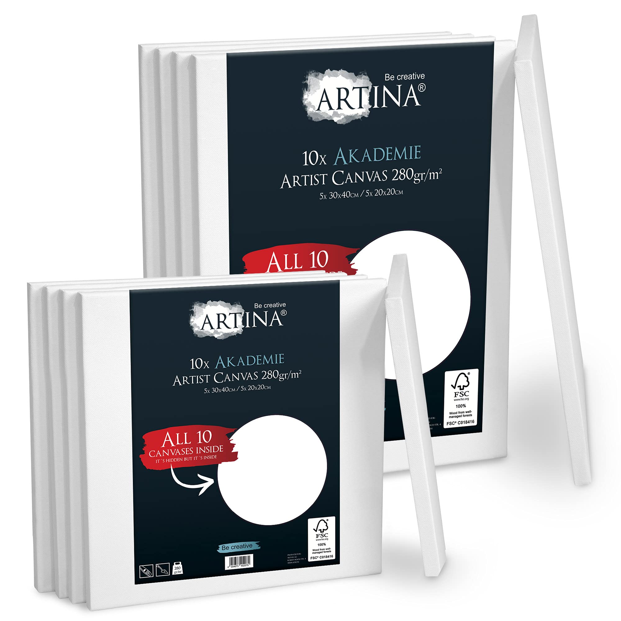 Artina FSC Canvas Set 10pcs Akademie 5X 20x20 & 5x30x40 cm – 100% Cotton Stretcher Frame 280 g/m² - Blank Canvases for Art for Acrylic, Watercolour & Oil Painting