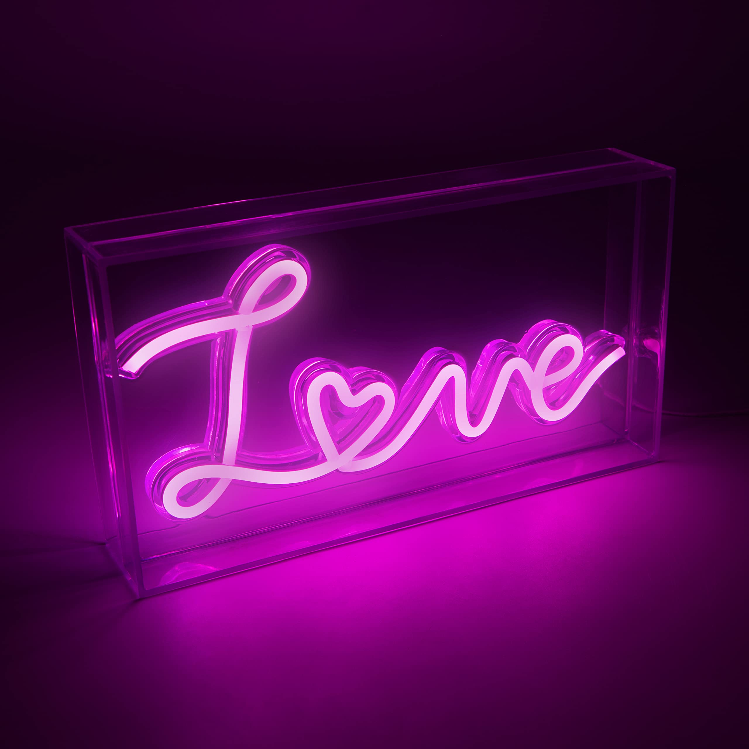 Global Gizmos Neon Love Sign/Neon Acrylic Box Lights Sign/Energy Efficient Pink LED Lights/USB Powered 3 Unique Designs (Pink Love) Valentines Day Gift