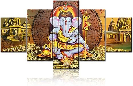 Amazon Com Hindu Wall Art Ganesha Decor Indian Paintings Hindu Pictures 5 Panel Canvas Modern Artwork Religious Home Decorations For Living Room Giclee Wooden Framed Gallery Wrapped Ready To Hang 60 Wx32 H Paintings