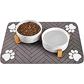 XIHAN Dog Bowls Set with Wood Stand & Mat Waterproof, 3.5 Cups Ceramic Dog Bowls Elevated for Medium Dogs, Dual Food and Water Bowls with Weighted Non-Slip Base 28.7 OZ