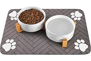 XIHAN Dog Bowls Set with Wood Stand & Mat Waterproof, 1.5 Cups Ceramic Dog Bowls Elevated for Small Dogs, Dual Food and Water Bowls with Weighted Non-Slip Base 13.5 OZ