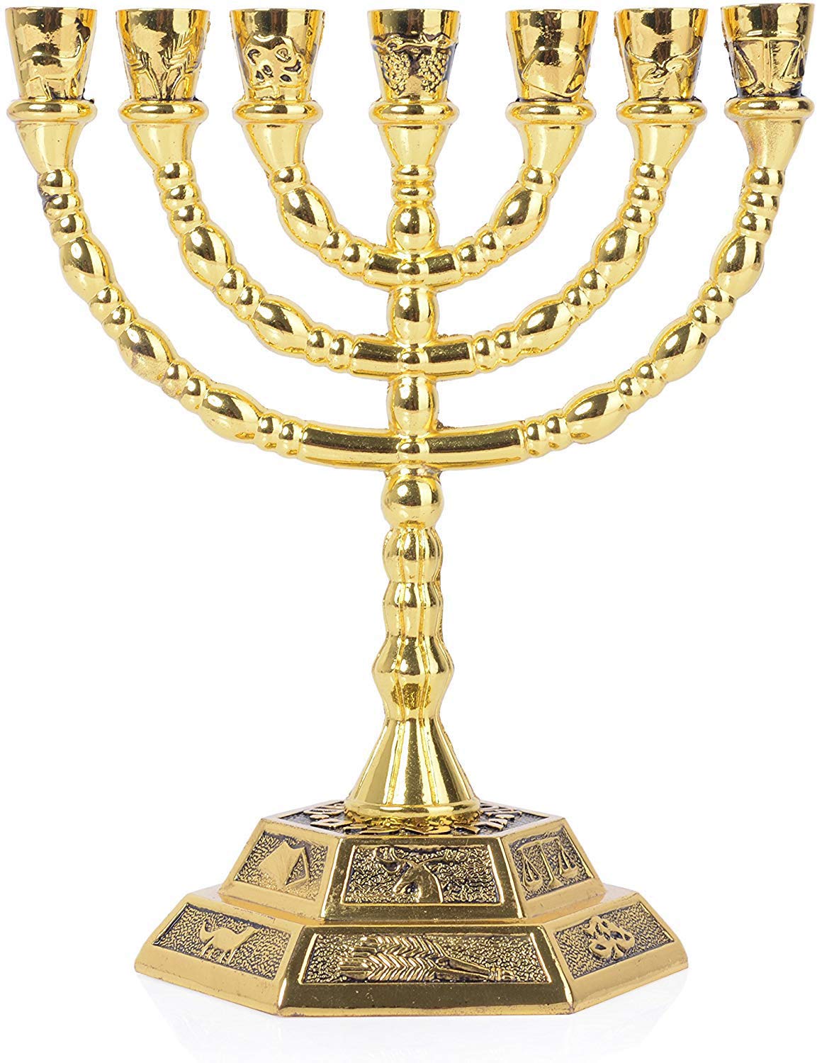 Jerusalem Menorah with 12 Tribes of Israel, 7 Branches, Gold, 20.3 cm