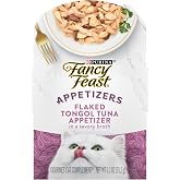 Purina Fancy Feast Appetizers Tongol Tuna Cat Food Topper, 10 Ct, 1.1 oz | Grain free lickable, flaked snack in a delicate broth, served in a convenient peel-and-serve tray for adult cats