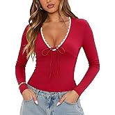 NODHUT Women's Lace Trim Bow V Neck Long Sleeve Top Sexy Ribbed Knit Slim Going Out T Shirts