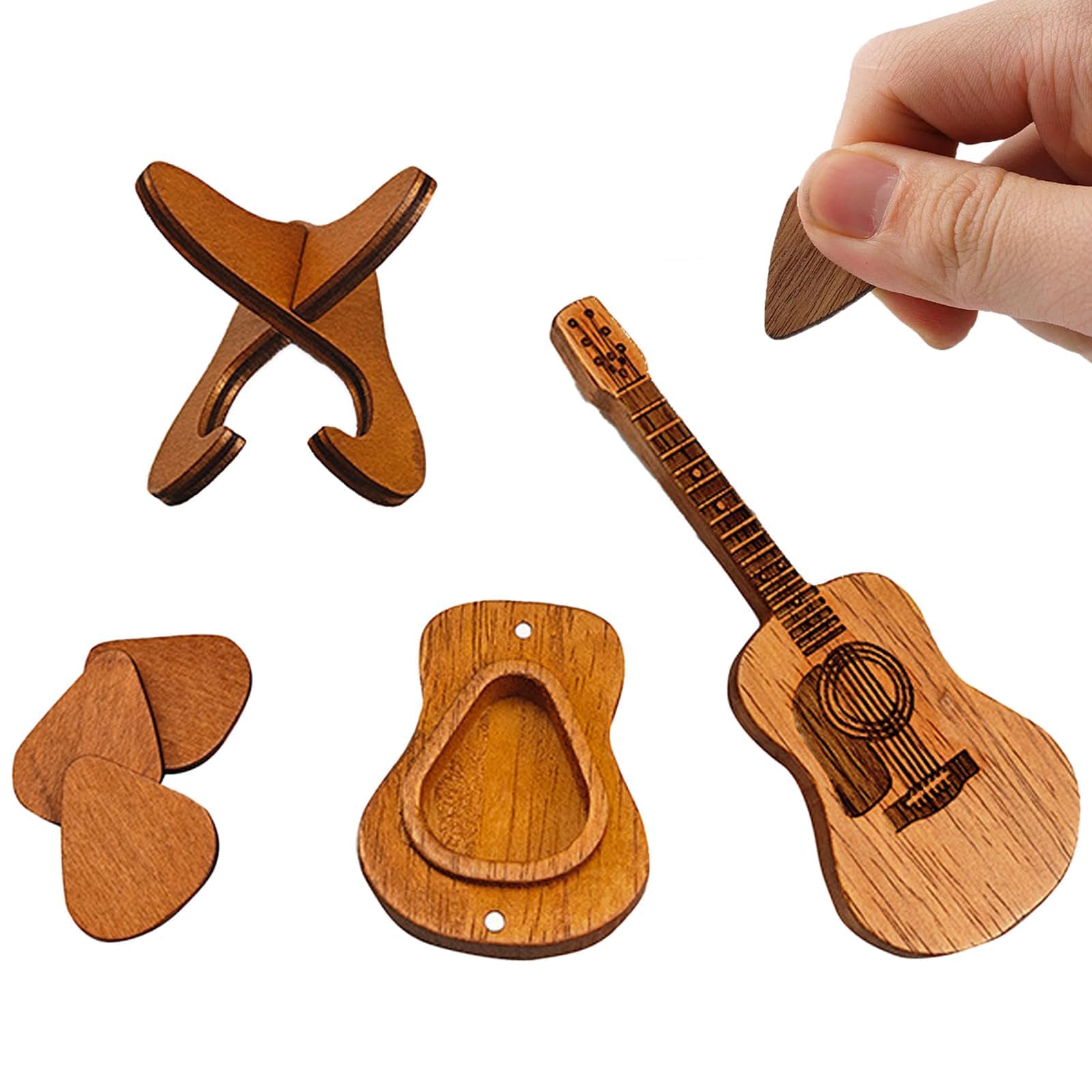 Guitar Pick Holder, Guitar Pick Case with 3 Guitars Picks, Wooden Acoustic Guitars Picks Box Storage Container, Music Art Gift for Guitar Ukulele Lover for Anniversary ﻿