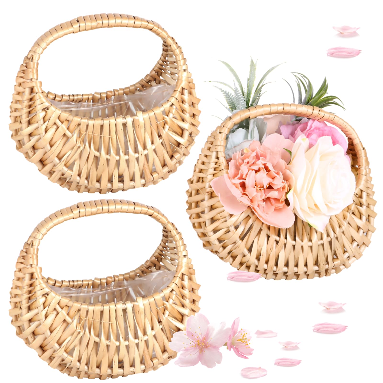 3 Pcs Rattan Flower Baskets, Small Half-Moon Wicker Baskets with Handles & Plastic Lining for Wedding, Handheld Willow Straw Woven Baskets for Home Decor, Sturdy Picnic Baskets