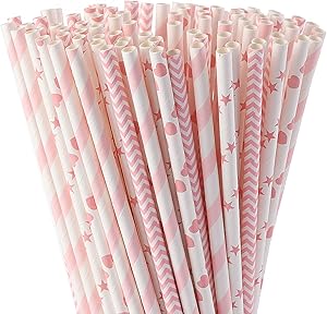 ALINK Biodegradable Pink Paper Straws, Pack of 100 Party Straws for Juice, Cocktail, Smoothies, Birthday, Wedding, Bridal/Baby Shower and Celebration Supplies