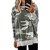 ECOWISH Women Side Split Sweatshirt: Fall Crewneck Long Sleeve Oversized Camo Shirts Casual Camouflage Print Pullover Tops