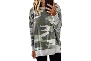 ECOWISH Women Side Split Sweatshirt: Fall Crewneck Long Sleeve Oversized Camo Shirts Casual Camouflage Print Pullover Tops