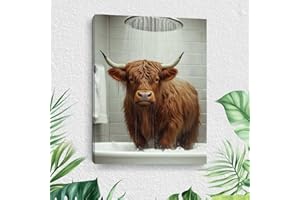 Funny Highland Cow Bathroom Canvas Wall Art, Rustic Farmhouse Signs Cow Wall Decor Pictures, Humor Animals Painting Artwork B