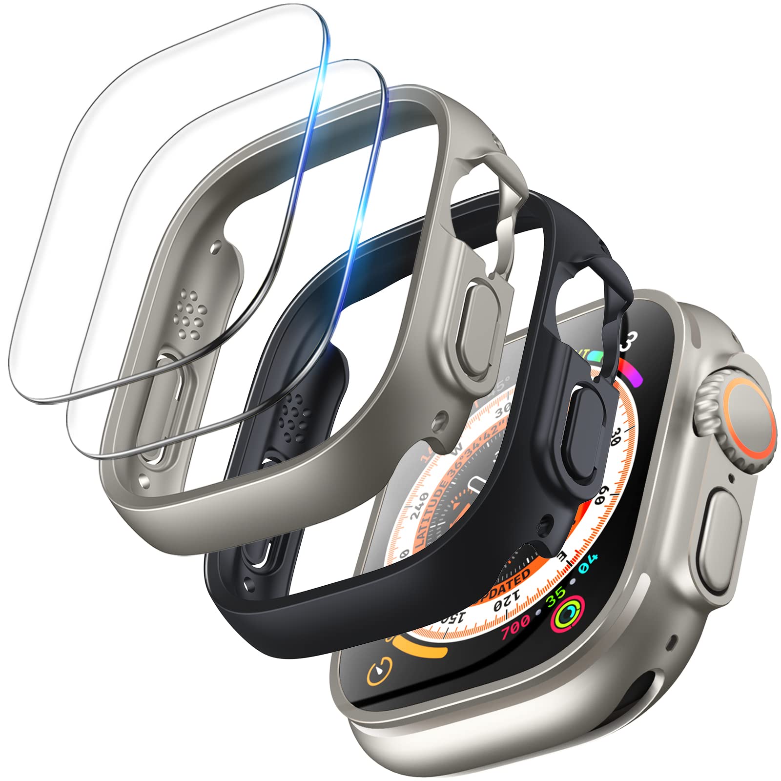 TOCOL 2 Pack for Apple Watch Ultra 49mm, Case and Tempered Screen Protector, Double Protection 9H Hardness - Black