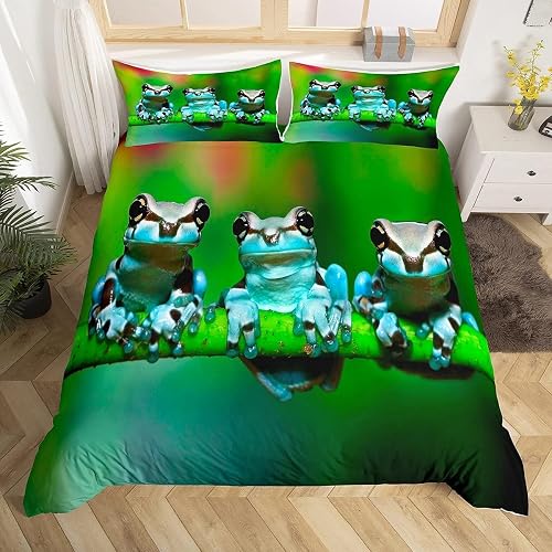 Milk Frog Comforter Cover Three Tiny Tree Frogs Duvet Cover Rainforest Wild Animal Bedding Set For Kids Teen Boys Girls With Large Eyes Bedspreads Cover With 1 Pillow Case Single Size Green Blue Gray