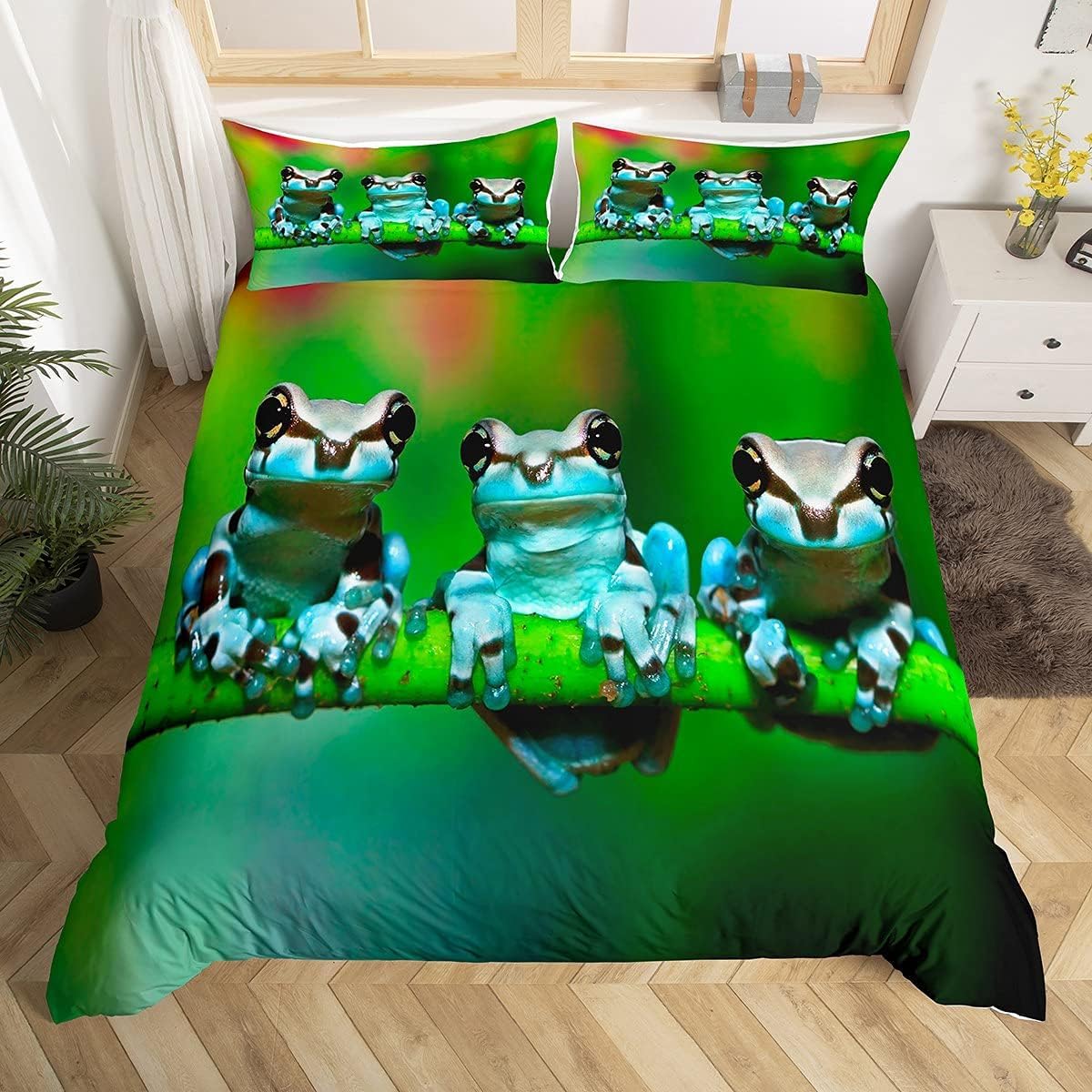 Milk Frog Comforter Cover Three Tiny Tree Frogs Duvet Cover Rainforest Wild Animal Bedding Set For Kids Teen Boys Girls With Large Eyes Bedspreads Cover With 1 Pillow Case Single Size Green Blue Gray — image 1