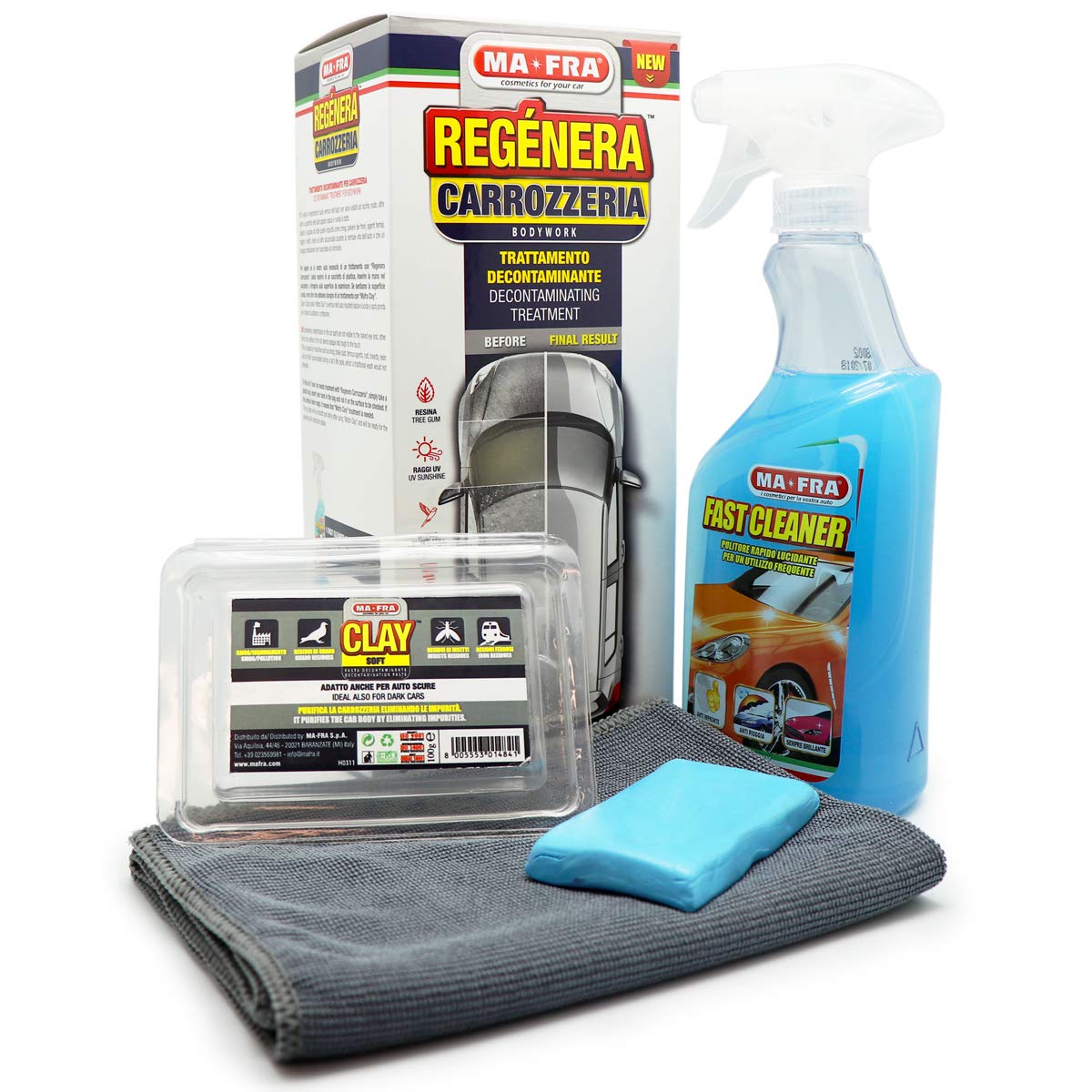 Mafra, Car Body Regenerating Kit, Complete Treatment for Car and Motorcycle Exterior Parts, Cleans Surfaces from Dirt and Smog, Composed of Fast Cleaner and Clay Bar Soft, Removes Iron Residue