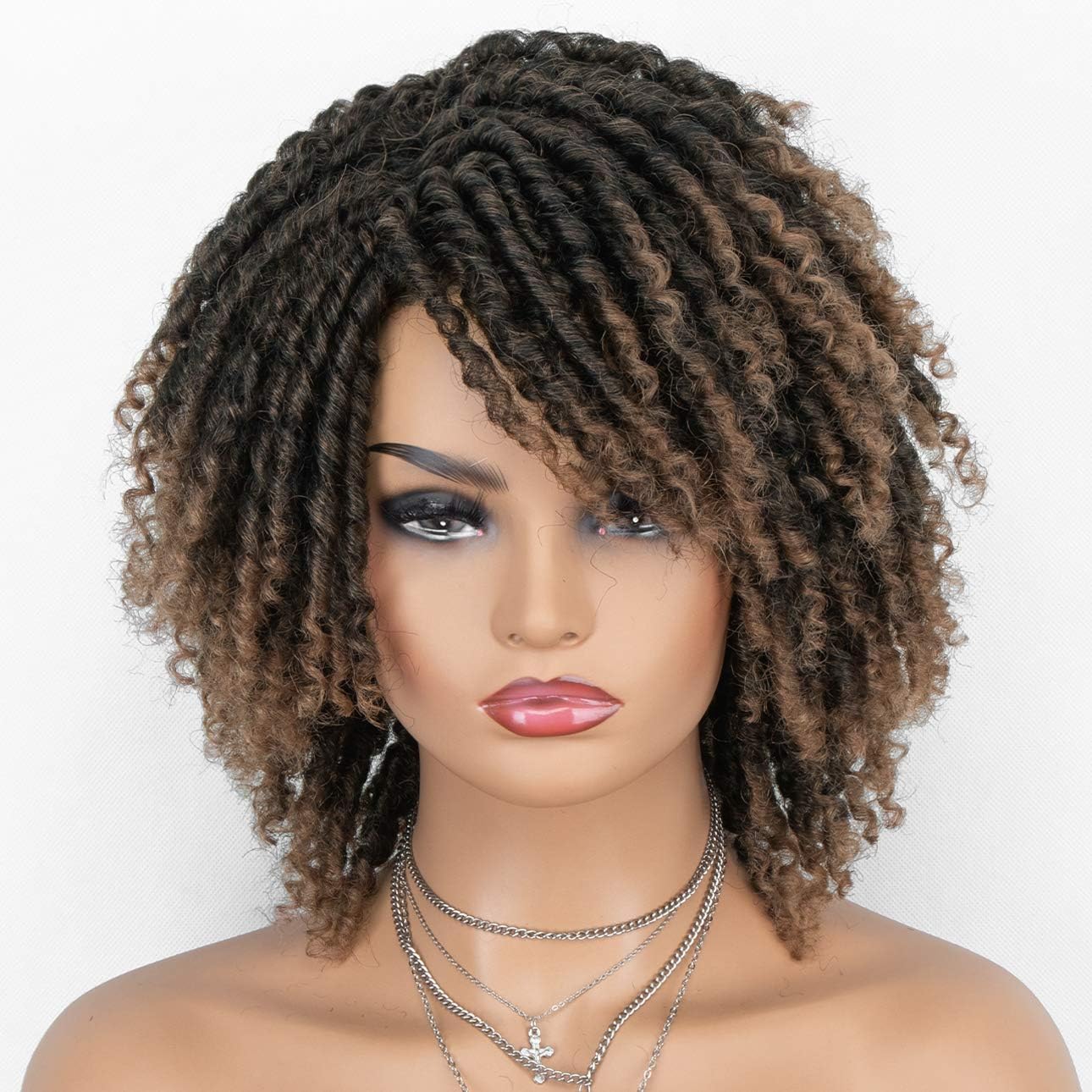 KRYSSMA Short Curly Synthetic Dreadlock Twist Wigs for Women Ombre Black Blonde Braided Hair Wig Heat Resistant Daily Wigs 1B/27