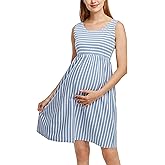 Ecavus Womens Maternity Tank Dress Stripe Color Block Sleeveless Knee Length for Baby Shower