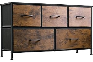 YUELAN Fabric Drawer Dresser for Bedroom Closet Organizers and Storage, Tall Chest of Drawers for Nursery, Entryway, Fabric Furniture Clothes Storage Tower with Steel, Wood Top (5-Drawer Tiger Stripes)