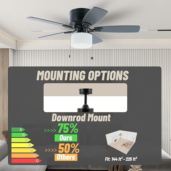 FANSHAIN 42″ PULL CHAIN CEILING FAN: TRADITIONAL FLUSH MOUNT CEILING FAN WITH LIGHT – LED BULB – DUAL FINISH BLADES – REVERSIBLE FUNCTION FOR BEDROOM – BLACK