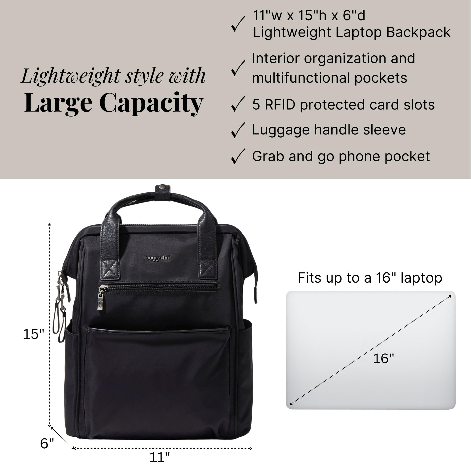 Baggallini Soho Backpack - Travel Laptop Backpack for Women - Lightweight Water-Resistant Luggage Bag, Black