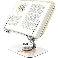 Book Stand for Reading, Amasrich Adjustable Holder with 360° Rotating Base & Page Clips, Foldable Desktop Ricer for Cookbook,