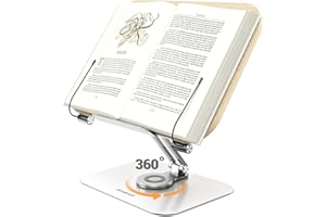 Book Stand for Reading, Amasrich Adjustable Holder with 360° Rotating Base & Page Clips, Foldable Desktop Ricer for Cookbook,