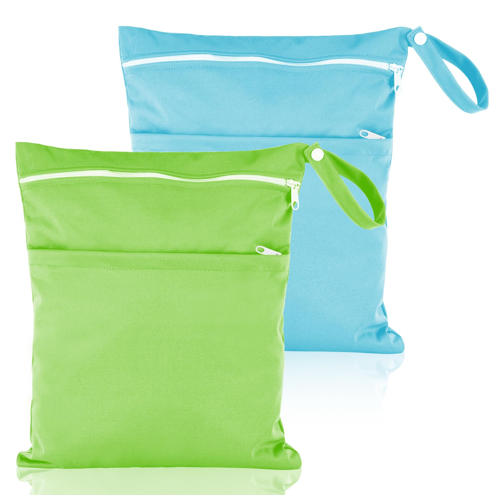 Heyu-Lotus 2 Packs Wet Bag, Waterproof Wet Dry Bags Reusable Washable Cloth Diaper Bags Nappy Bags with Double Zipper Pockets for Baby Items Wet Clothes Swimming Gym Pool Beach Bag(Blue+Green)