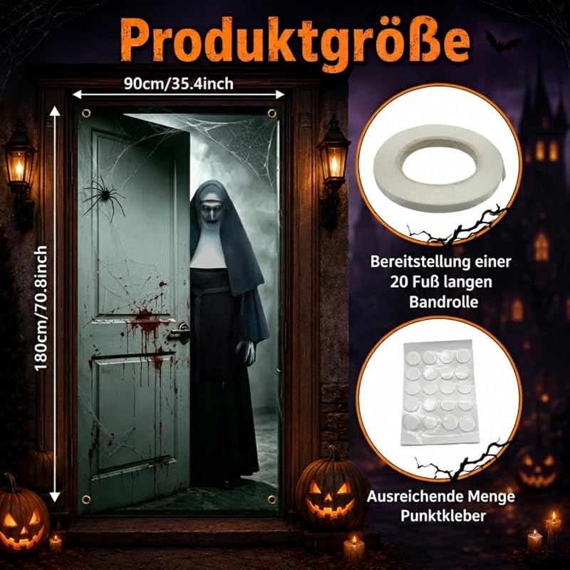 Banner de Puerta de Halloween Aterrador 180 x 90 cm, Decoración de Puerta de Horror para Fiesta (Monja Blanca)