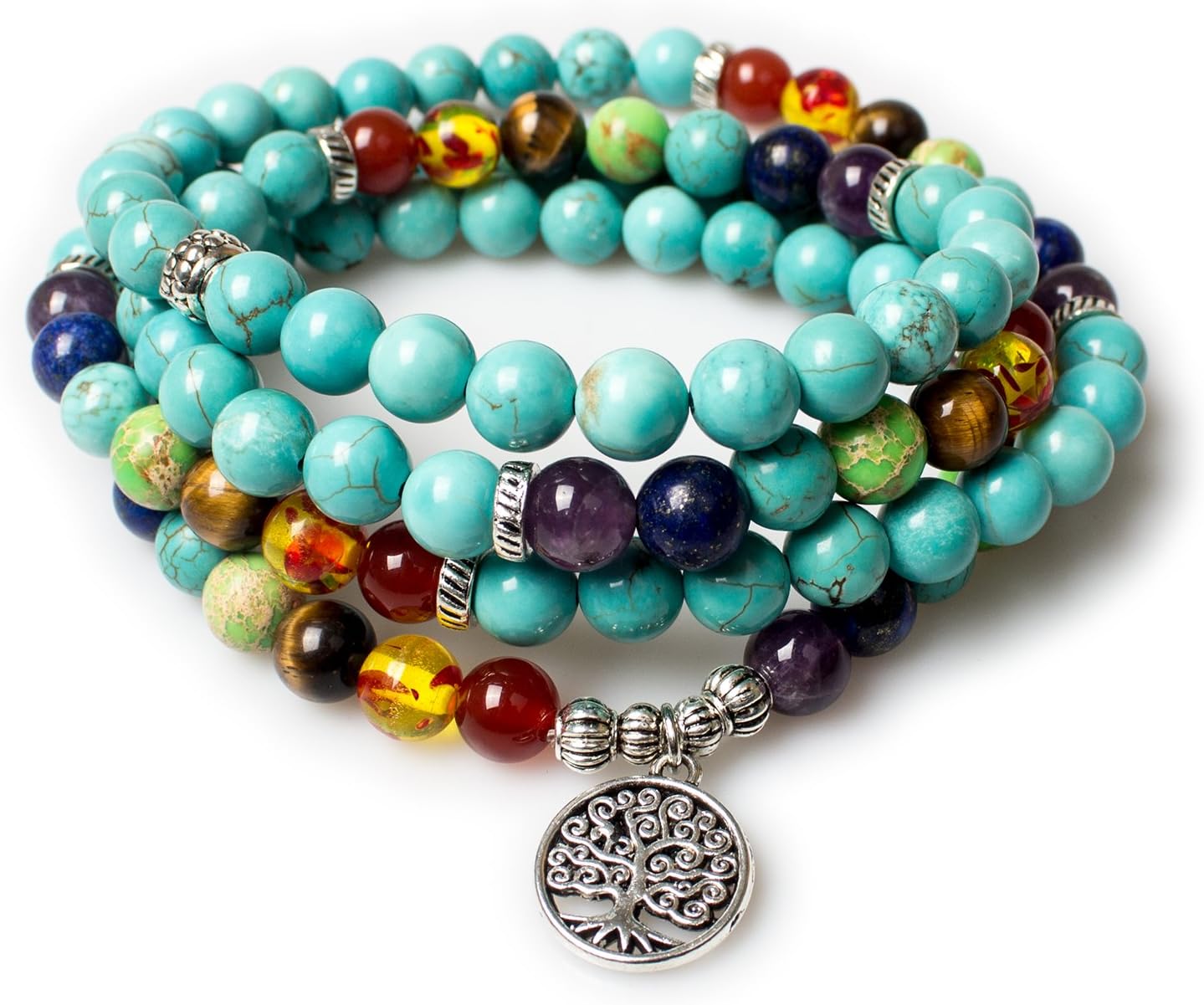 Jewelry,8MM Turquoise Healing 108 Prayer Mala Beads Tree of Life 7 Chakra Bracelet Necklace