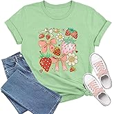 TIEEI Strawberry Shirt for Women Fruit Lover T-Shirts Strawberries Tee Bows Tops