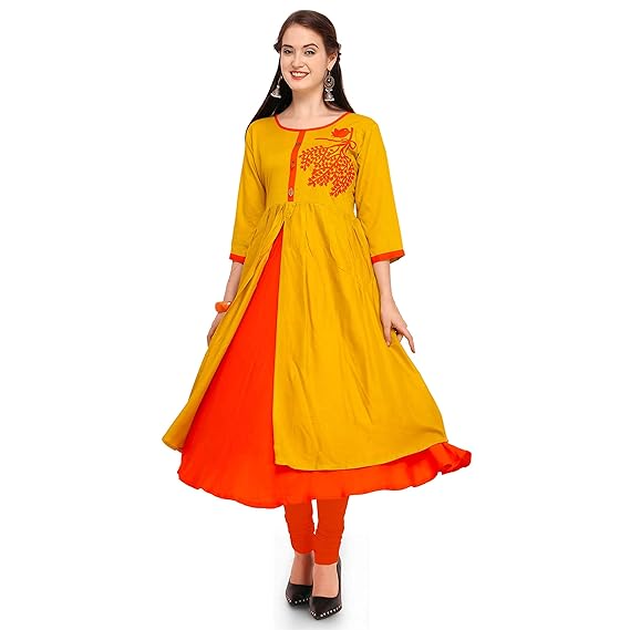 present rayon patch work embllished yellow kurti for women's