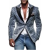 VENNYNG Men's Leopard Jacket with Black Velvet Lapel Spring Winter Short Coat Animal Print Blazer for Holiday Parties