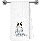 Exqcom Blue and White Chinoiserie Tuxedo Cat Kitchen Towels, Black and White Cat Gifts Dish Tea Towels for Kitchen Decor, Cute Kitty Kitten Decorative Hand Towel Bathroom Yoga Spa Decor, 16x24 Inch