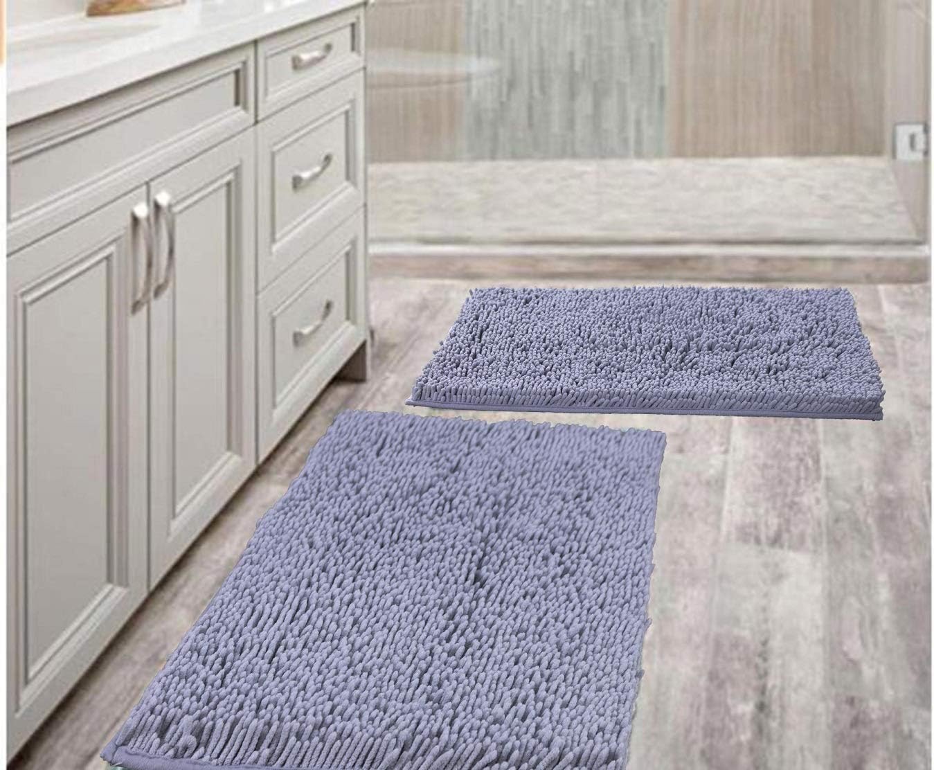 Bathroom Rugs Mats 20" x 30" Set of 2 Grey Luxury Chenille Bath Mat Super Absorbent Bath Rug Machine Washable Perfect Plush Carpet for Shower, Bath Room, Bedroom and Kitchen (20 x 30, Grey)