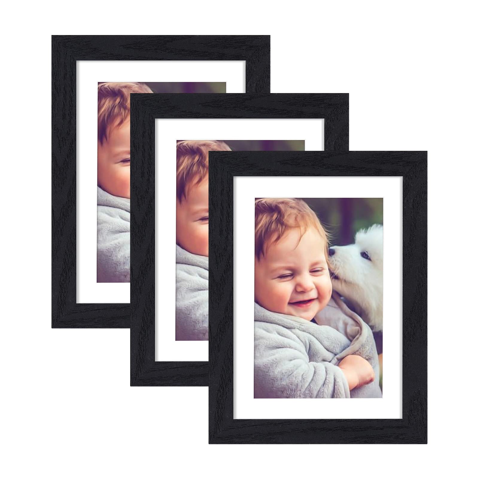 3 Pack 7x5 Black Photo Frames,5x7 (13x18cm) Wood Picture frames with Perspex Glass Front Made to Display 4x6 pictures with Mount,Freestanding and Wall Mountable