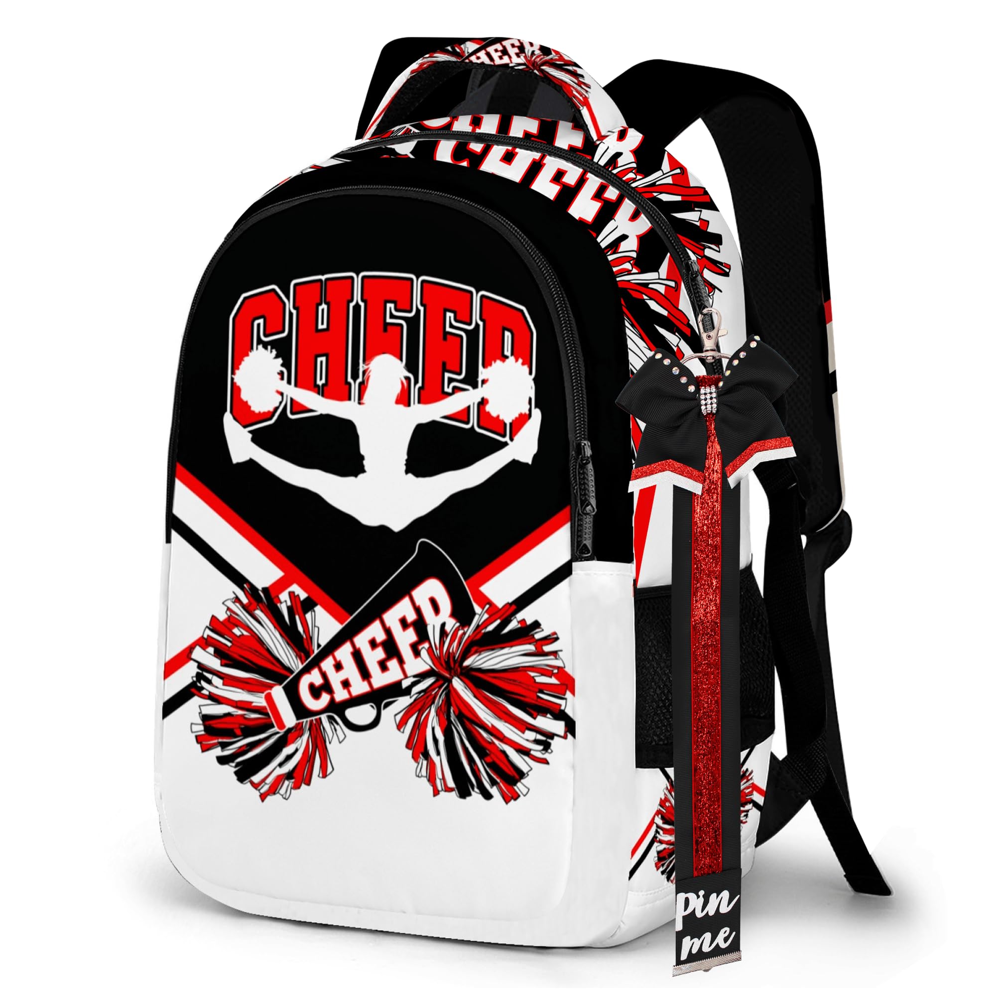 Photo 1 of Cheer Backpack with Glitter Cheerleader Keychain, Cheer Pin Strap for Backpack, Cheerleading Gifts for Team Women (Black Red)