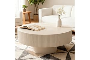 Modern Wood Fluted Round Coffee Table - Handcraft Drum Coffee Tables with Sturdy Base, Contemporary Style Small Circle Coffee
