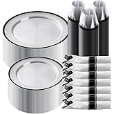 Goodluck 350 Piece Black Plastic Dinnerware Set for Party, Clear Disposable Plates for 50 Guests, Include: 50 Dinner Plastic Plates, 50 Dessert Plates, 50 Pre Rolled Napkins with Cutlery Set, 50 Cups
