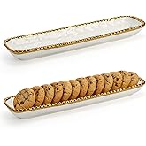 SOUJOY 2 Pack Porcelain Cracker Tray with Gold Pearl Edge, 14 Inch Rectangular Charcuterie Serving Platters, Dishwasher Safe Ceramic Cookie Plates for Cheese Ham Fruit, Perfect for Display Foods