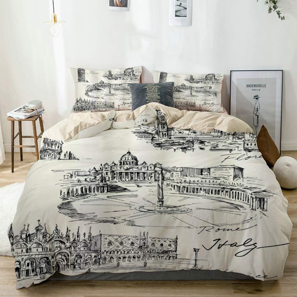 Mokale Duvet Cover Full,Sketchy Travel The World Themed Historical Italian Landmarks Venice Rome,100% Washed Microfiber 3pcs Bedding Set with 2 Pillow Shams,Reversible Beige,Zipper Closure